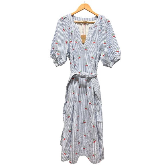 Boden NWT Bria Blue Striped Seersucker Cherry Embroidered A-Line Midi Dress - Picture 7 of 14